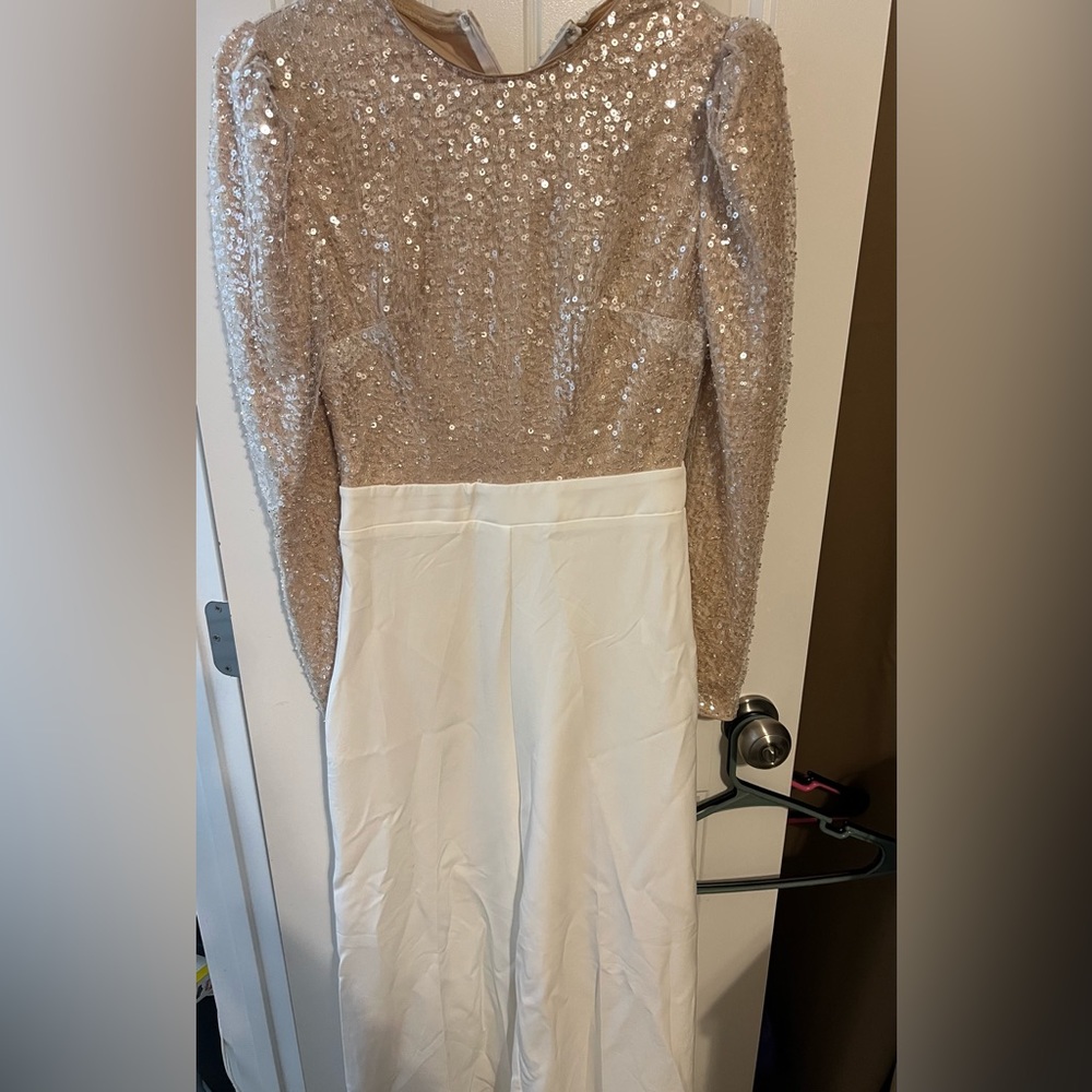 Sequin long sleeve jumpsuit with white pants